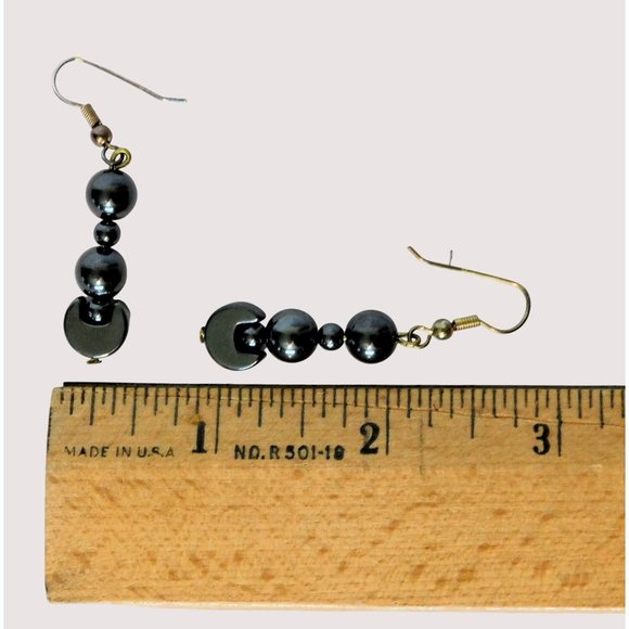 Hematite Set Beaded Necklace 30" Pierced Fishhook Earrings Black White Floral - Picture 10 of 12